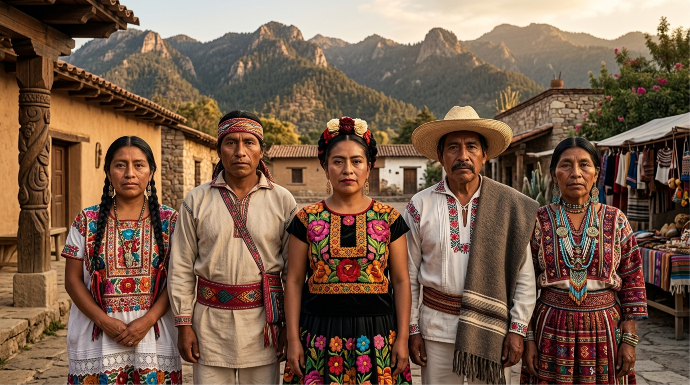 Familia indígena mexicana con vestimenta tradicional frente a un pueblo de montaña